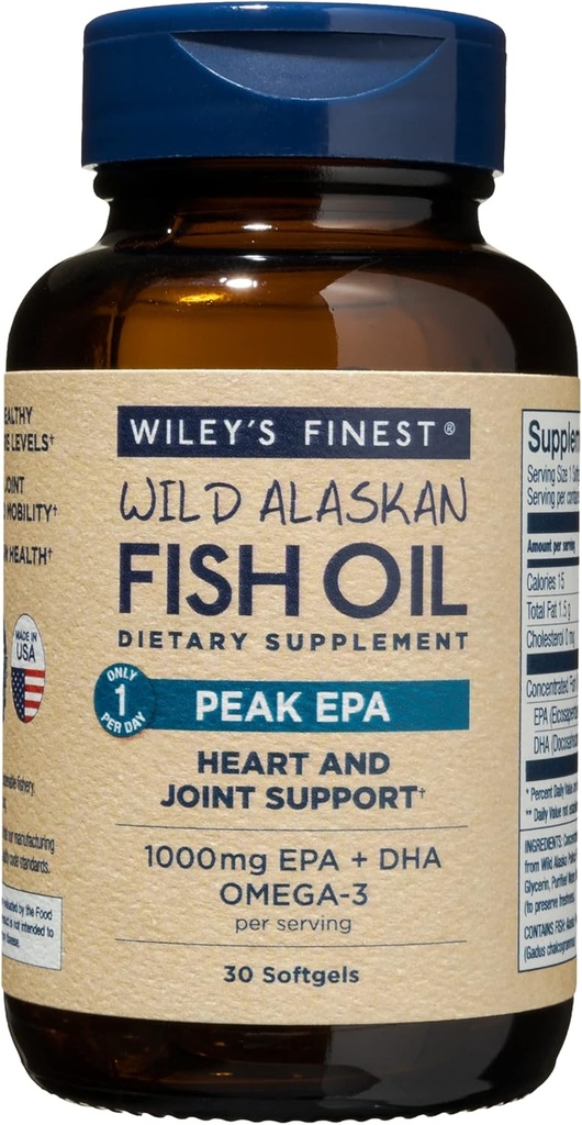 Wiley's Finest Wild Alaskan Fish Oil Peak EPA - Triple Strength Peak EPA & DHA Supplement - 1000mg Fish Oil - Omega-3s for Joint Health Support - 30 Softgels (30 Servings)