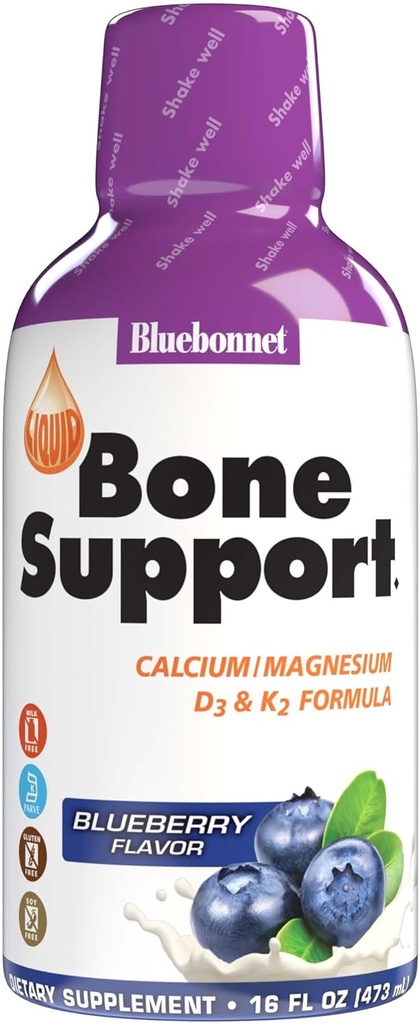 Bluebonnet Nutrition Liquid Bone Support Calcium Citrate, Magnesium Citrate, Vitamin D3, K2, for Bone Health, Non GMO, Gluten Free, Soy fri, mælk fri, kosher, 32 Servering, Blueberry Flavor, 16 Fl Oz (Pack of 1)