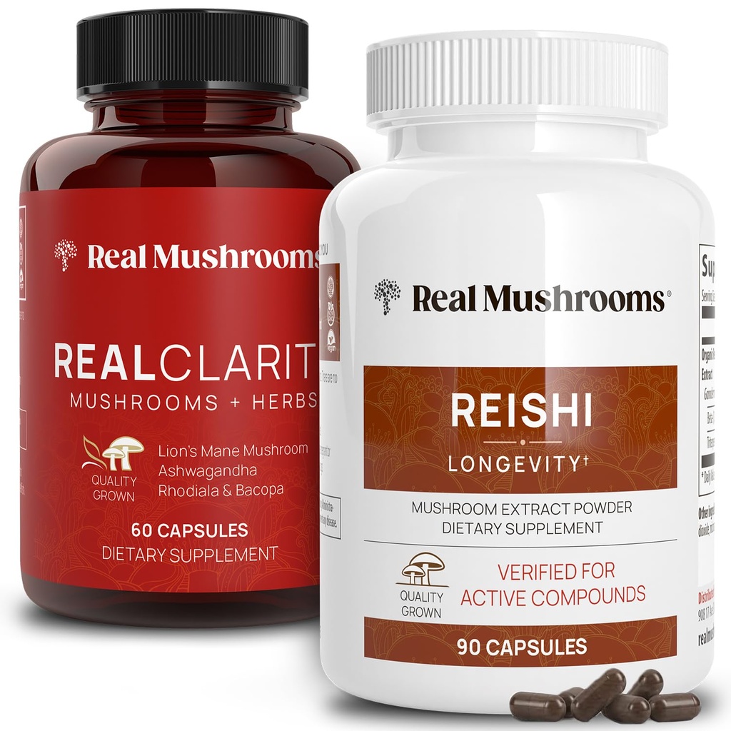 Real Mushrooms RealClarity (60ct) og Reishi (90ct) Capsules Bundle - Mushroom Supplement for Mental Clarity, Fokus, Afslapning, Sleep & Longevity - Vegan, Non- GMO, Verificerede niveauer af Beta- Glucans