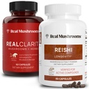 Real Mushrooms RealClarity (60ct) og Reishi (90ct) Capsules Bundle - Mushroom Supplement for Mental Clarity, Fokus, Afslapning, Sleep & Longevity - Vegan, Non- GMO, Verificerede niveauer af Beta- Glucans