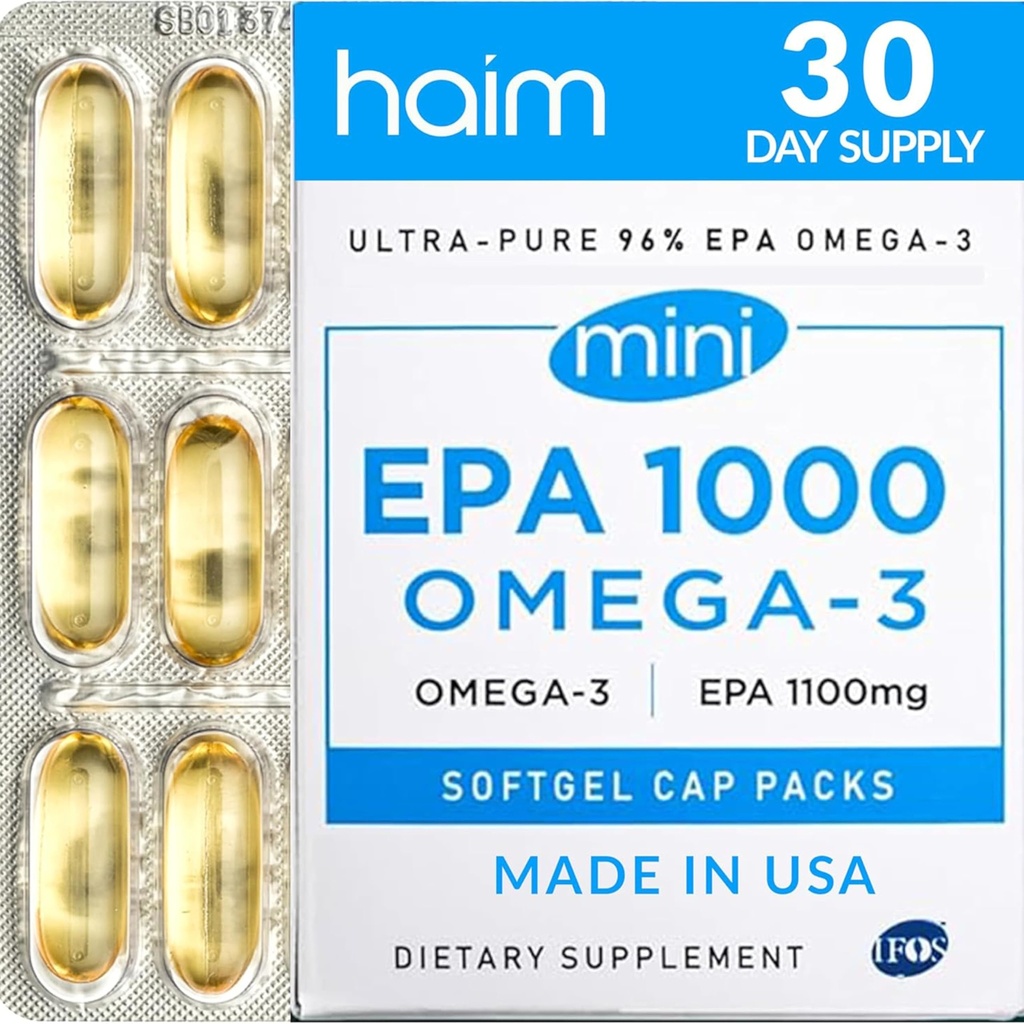 HAIM EPA1000 MINI - Pure EPA Fish Oil Supplement - 1,100mg Omega-3 for hjerte, hjerne & fælles sundhed - høj potens, Burpless Softgels - små, easy- to- Swallow kapsler - 60 Softgels - Made in USA