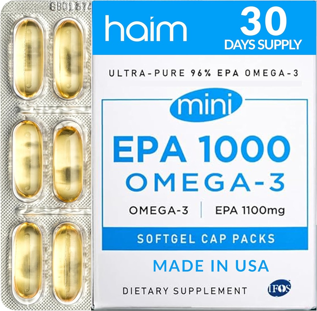HAIM EPA1000 MINI - Pure EPA Fish Oil Supplement - 1,100mg Omega-3 for hjerte, hjerne & fælles sundhed - høj potens, Burpless Softgels - små, easy- to- Swallow kapsler - 60 Softgels - Made in USA