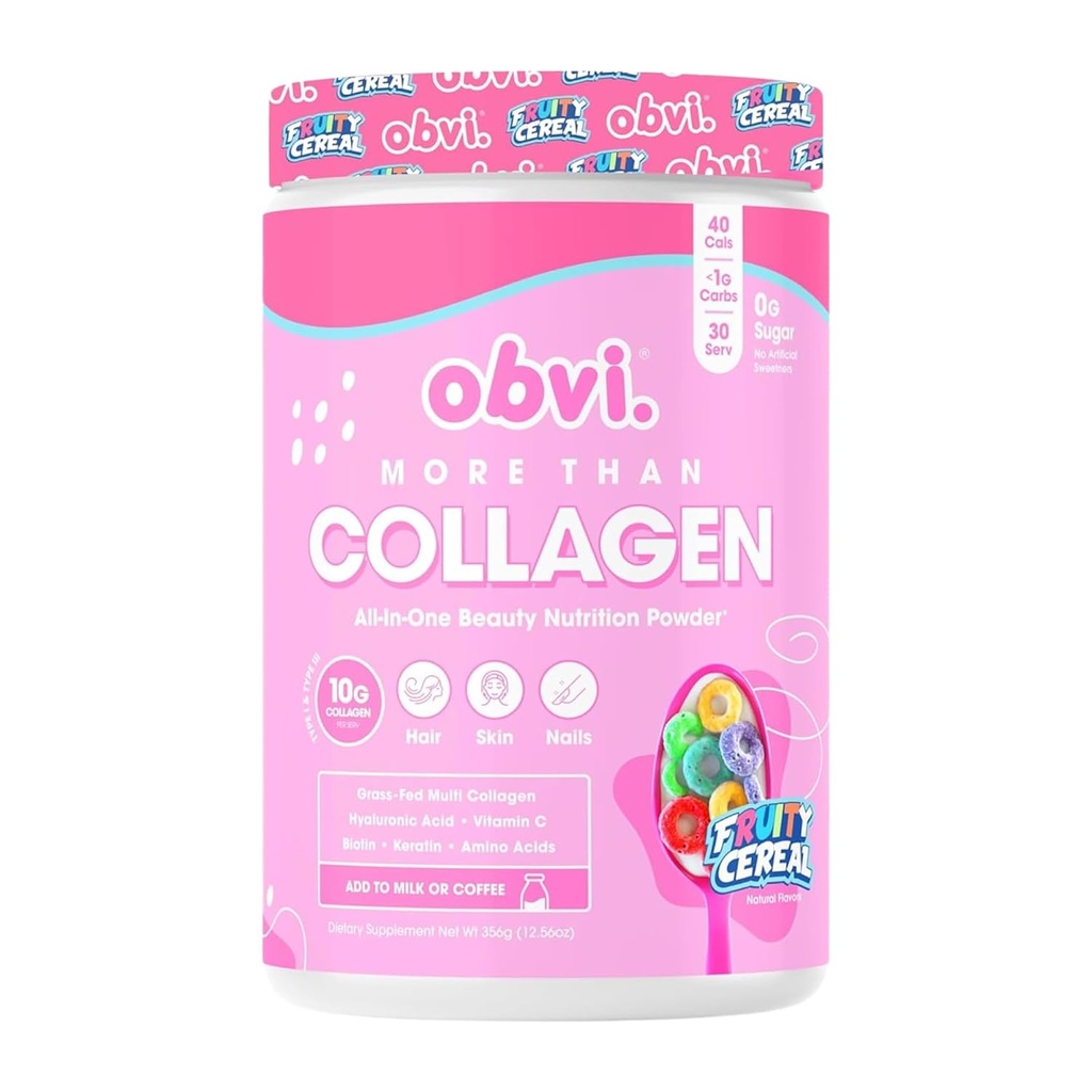 Obvi mere end Collagen pulver • 124; understøtter sundt hår, hud, negle, nitter, Gut • 124; Grass- Fed Multi Collagen supplement med hyaluronsyre • Biotin • Keratin • 124; Fruit Cereal, 30 Servere