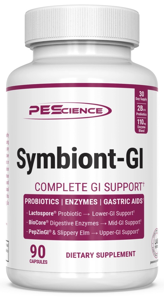 PEScience Symbiont- GI, Zink Carnosine Pepzin GI & Hylde Stable Probiotiske Kapsler, fordøjelsesfremmende enzymer for kvinder og mænd, med Slippery Elm Bark, 30 dages forsyning