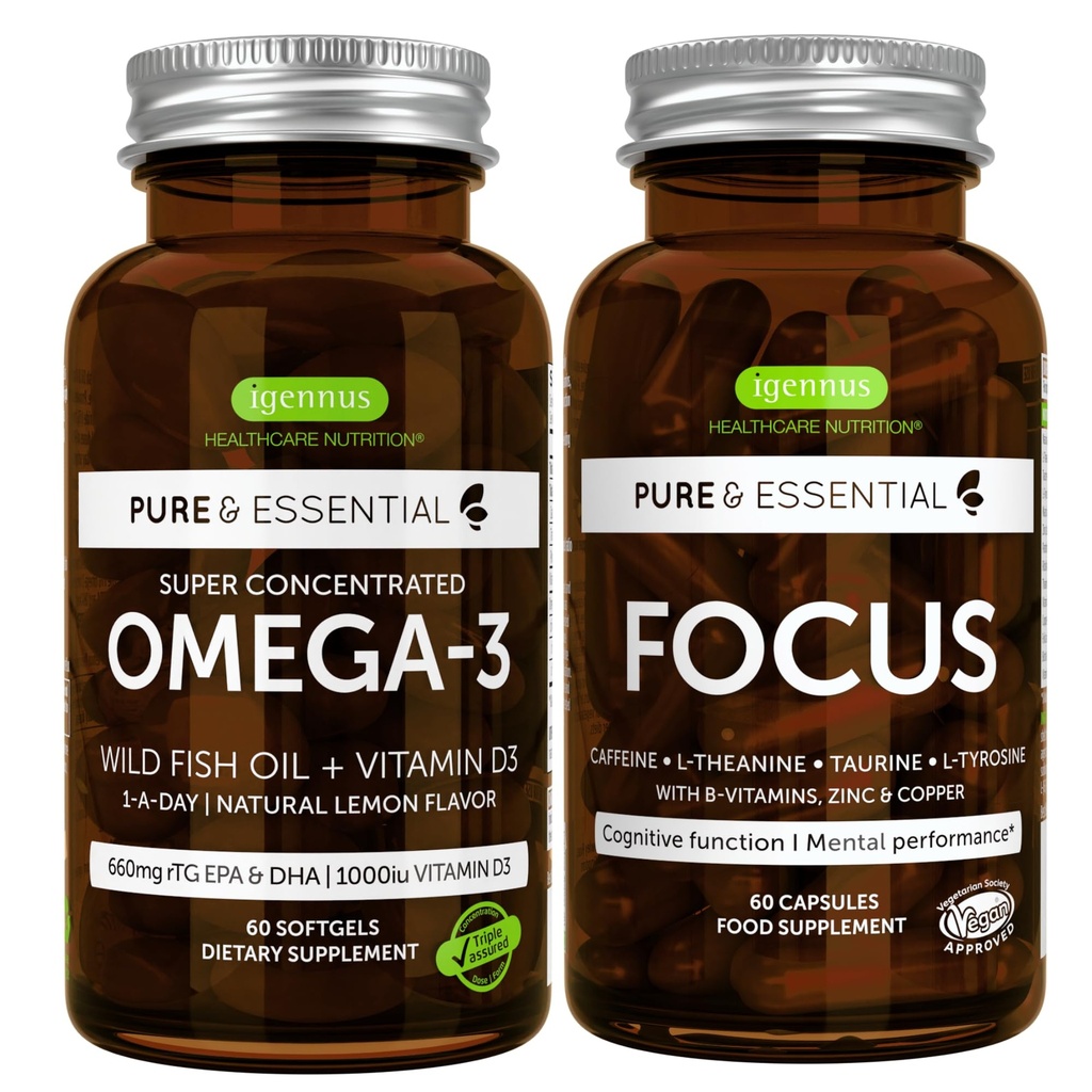 Omega-3 & vitamin D3 1000iu + Focus Brain Booster Bundle, Fast- Actioning 1a- Day EPA & DHA rTG Wild Fish Oil + Coffein, L- Theanine, Taurine & L- Tyrosine, B- Vitamin, Zink & Copper, af Igennus
