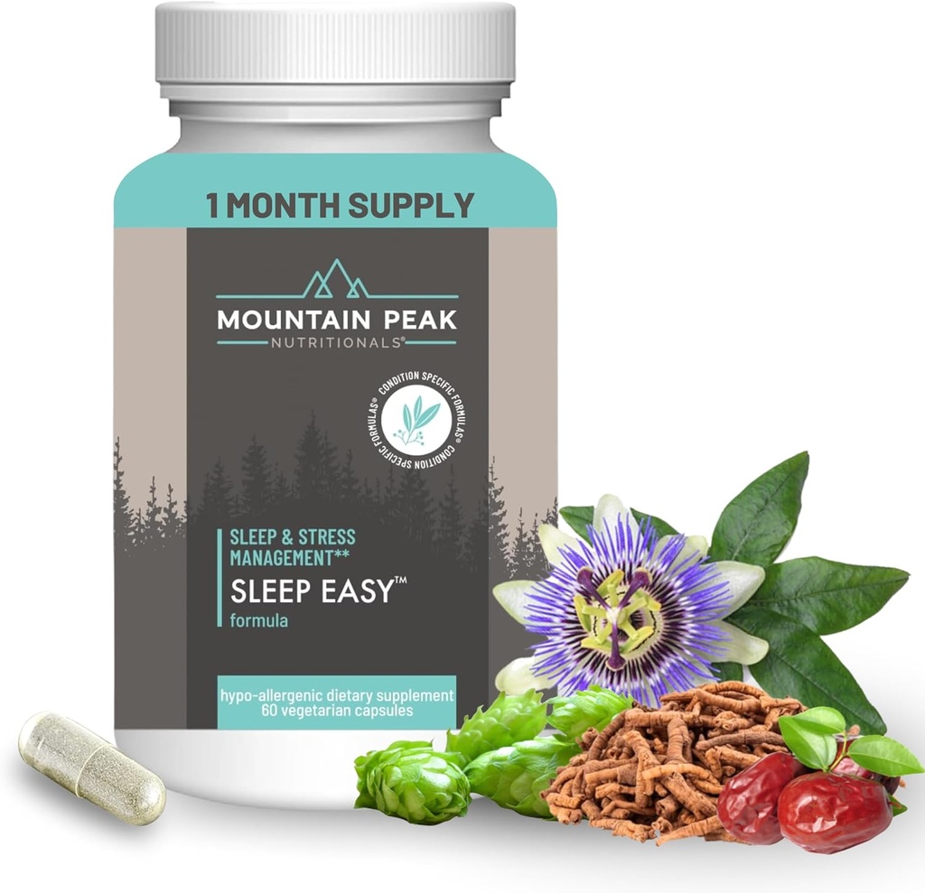 Mountain Peak Nutritionals Sleep Easy - Søvn Support Promotion A Relaxed & Calm Mood - 5-HTP, Aminosyrer, Melatonin, & Magnesium - Hypoallergen Kosttilskud (60 kapsler)