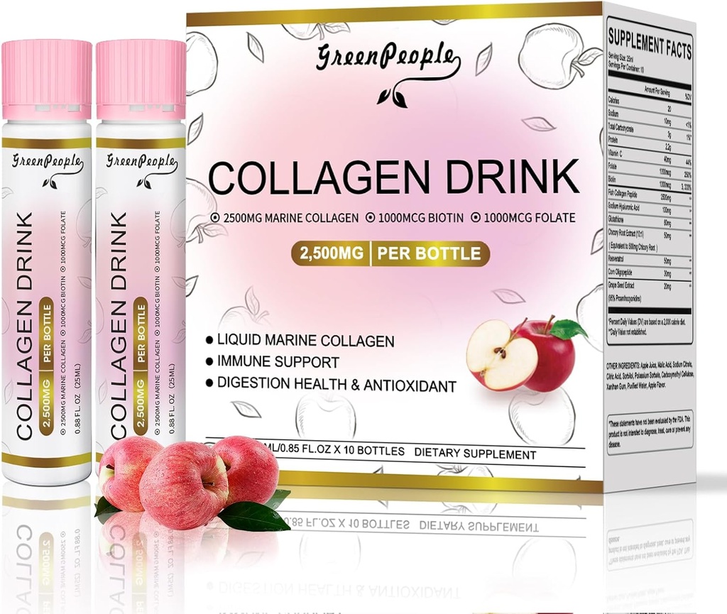 GREENPEOPLE Flydende kollagen til kvinder og mænd, Fish Collagen Peptider + Hyaluronsyre + Vitamin B & C, hår hud negle Knogler Support (0,85 fl oz, 10 flasker, Apple)