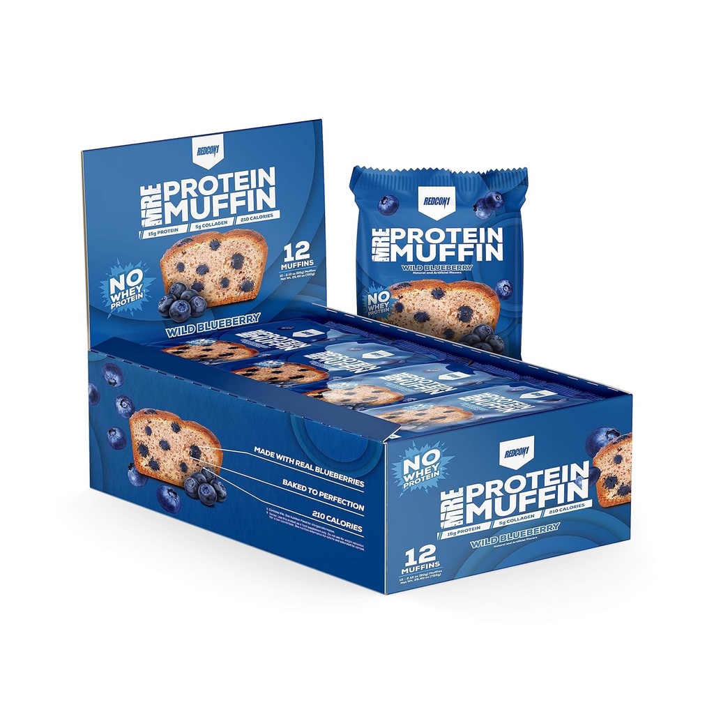 REDCON1 MRE Muffin - Whole Food 15g Protein Muffin - No Whey & Easy to Digest - Hjælp Boost Energy & Fuel Muskles - Wild Blueberry Flavor Protein Snack (12 Muffins)