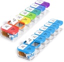 Odaro Extra Weekly Pill Organizer, XL Pill Box 7 Dag AM PM, Jumbo Medicin Organizer 2 gange en dag til at holde daglige medicin, vitaminer og kosttilskud, Rainbow & blå / hvid (sæt af to)
