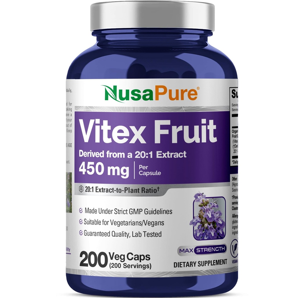 NusaPure Vitex Chasteberry Fruit 20: 1 Extract, 450 mg Ækvivalent med 9. 000 mg 200 Vegan Kapsler - Non-GMO, Vegan Kosttilskud