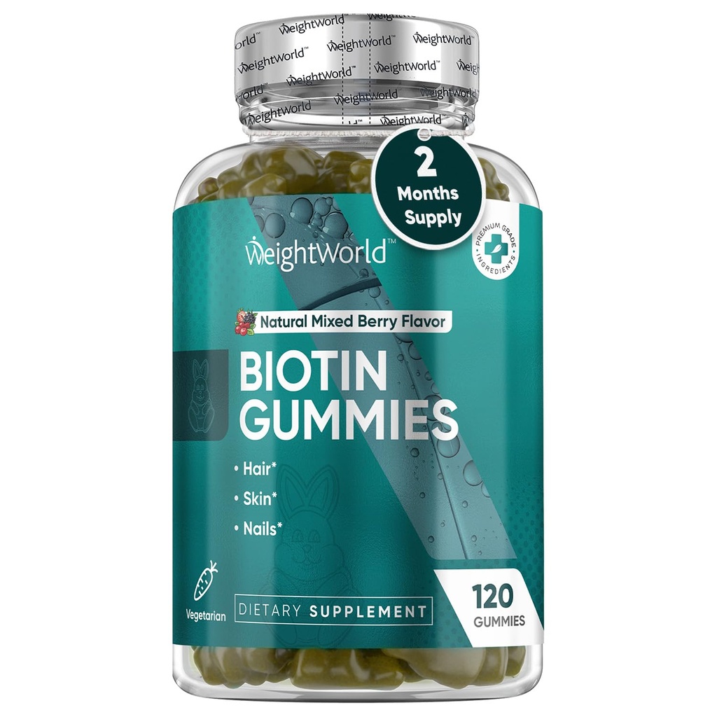 WeightWorld Biotin Gummies for Hår, Hud & Nails 5000mcg - 120 Greve (60 Servering) - Biotin Kosttilskud til kvinder & mænd - Natural blandet berry smag Biotin Gummy - Vegetar & Third- Party Testet