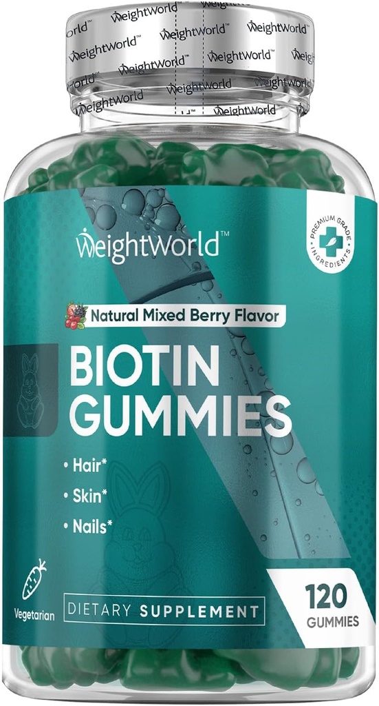 WeightWorld Biotin Gummies for Hår, Hud & Nails 5000mcg - 120 Greve (60 Servering) - Biotin Kosttilskud til kvinder & mænd - Natural blandet berry smag Biotin Gummy - Vegetar & Third- Party Testet