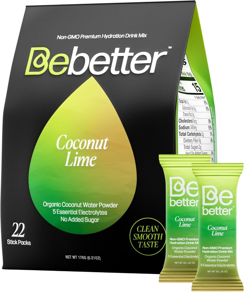 Bebetter Organic Electrolytes Powder Packets | Daily Electrolyte Drink Mix | Organic Coconut Water | No Artificial Flavors | Sugar Free Hydration Packets | Non-GMO | 22 Sticks Pack (Coconut and Lime)