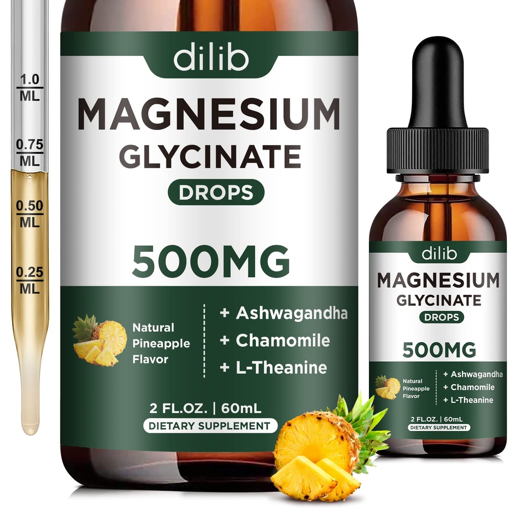 Magnesium Glycinat 500mg - Flydende Magnesium Drops, Ashwagandha, L - Theanin, Kamille - Rolig & Stress Relief, Afslapning, Restable Sleep, Muscle Heart Health, Vegan - 2 Fl Oz (30 dage)
