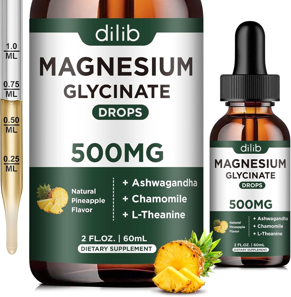 Magnesium Glycinat 500mg - Flydende Magnesium Drops, Ashwagandha, L - Theanin, Kamille - Rolig & Stress Relief, Afslapning, Restable Sleep, Muscle Heart Health, Vegan - 2 Fl Oz (30 dage)