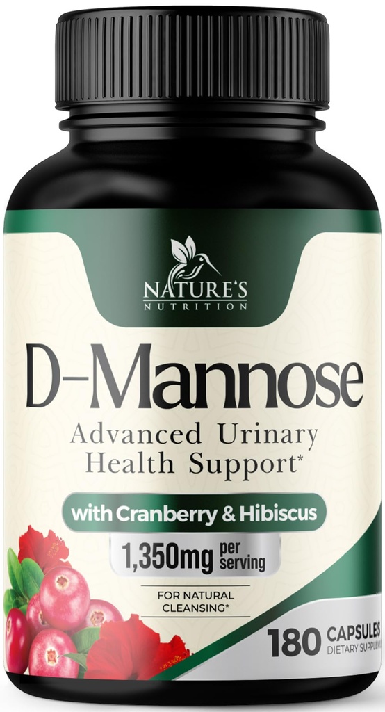 D- Mannose Supplement 1.350 mg med Cranberry & Hibiscus - Effektiv Fast- Fungerende, Flush Urenheder for naturlige BRED, Urinary Tract Health Support, for kvinder og mænd, ikke-GMO, Vegan, 180 Kapsler