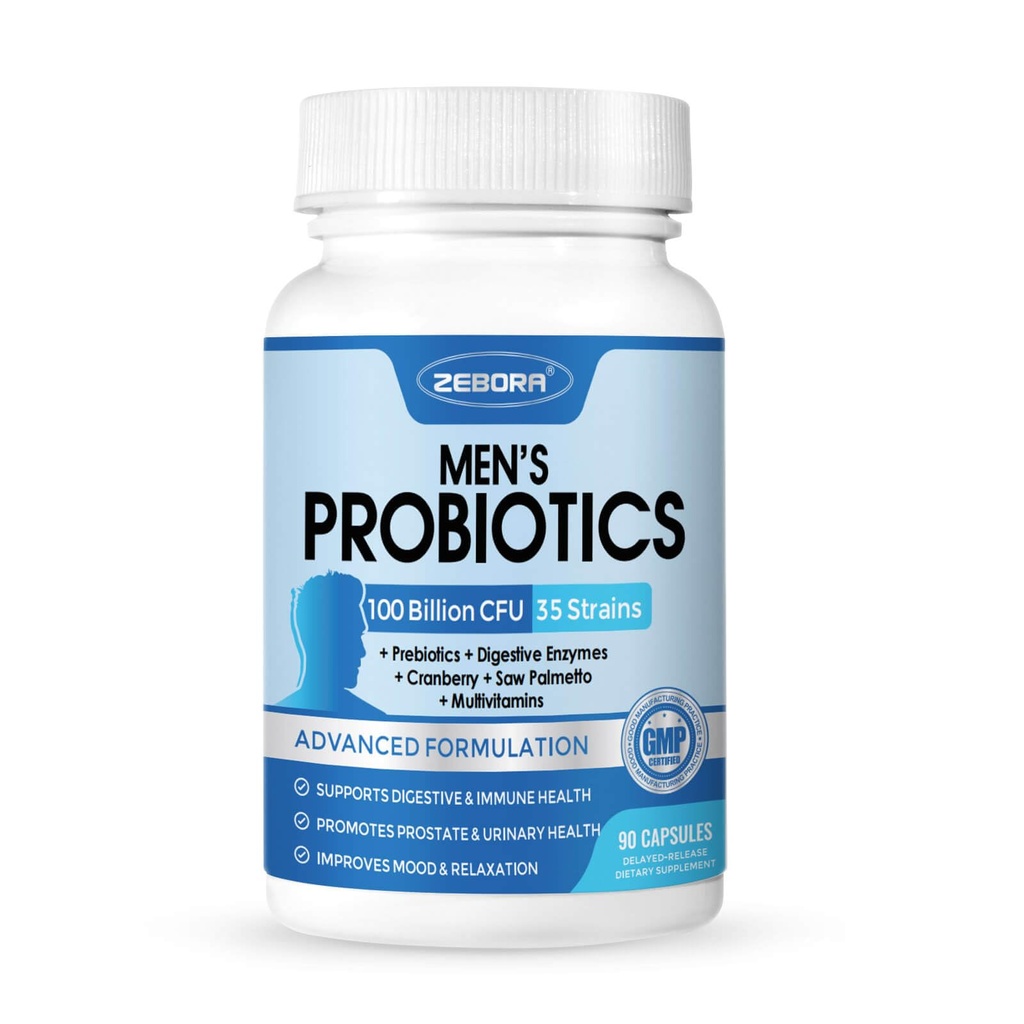 ZEBORA Probiotika til mænd 100 Millioner CFU - Probiotika til fordøjelsessygdomme, Mænds Probiotiske Supplement, Prebiotika & Enzymes, for Prostate Sundhed med Saw Palmetto