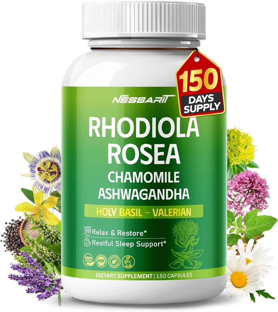 RHODIOLA ROSEA Supplement- 11-in-1 Natural Blend med kamille L- Theanine Ashwagandha Holy Basil Valerian Passionflower - 150 Count - Made & Testet i USA