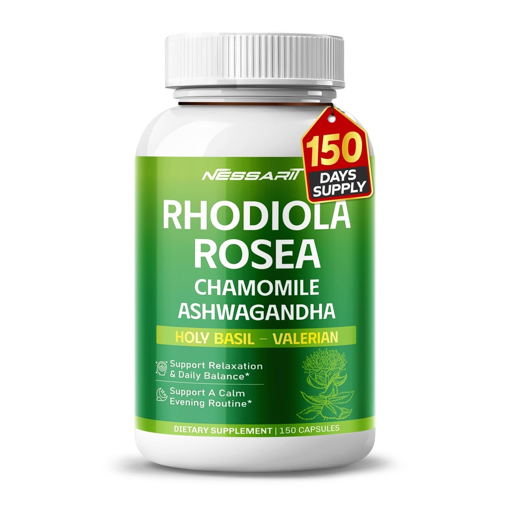 RHODIOLA ROSEA Supplement- 11-in-1 Natural Blend med kamille L- Theanine Ashwagandha Holy Basil Valerian Passionflower - 150 Count - Made & Testet i USA