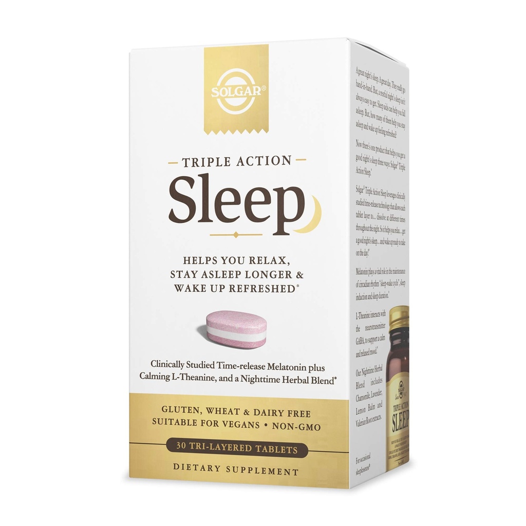 Solgar Triple Action Sleep, 30 Tri- Layer Tablets - Time- Release Melatonin & L- Theanine Plus Herbal Blend - Hjælper dig med at slappe af, Fall Assaple Fast & Stay Assaple Længere - Non-GMO, Gluten Free - 30 Servere