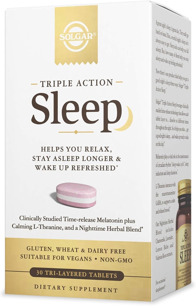 Solgar Triple Action Sleep, 30 Tri- Layer Tablets - Time- Release Melatonin & L- Theanine Plus Herbal Blend - Hjælper dig med at slappe af, Fall Assaple Fast & Stay Assaple Længere - Non-GMO, Gluten Free - 30 Servere