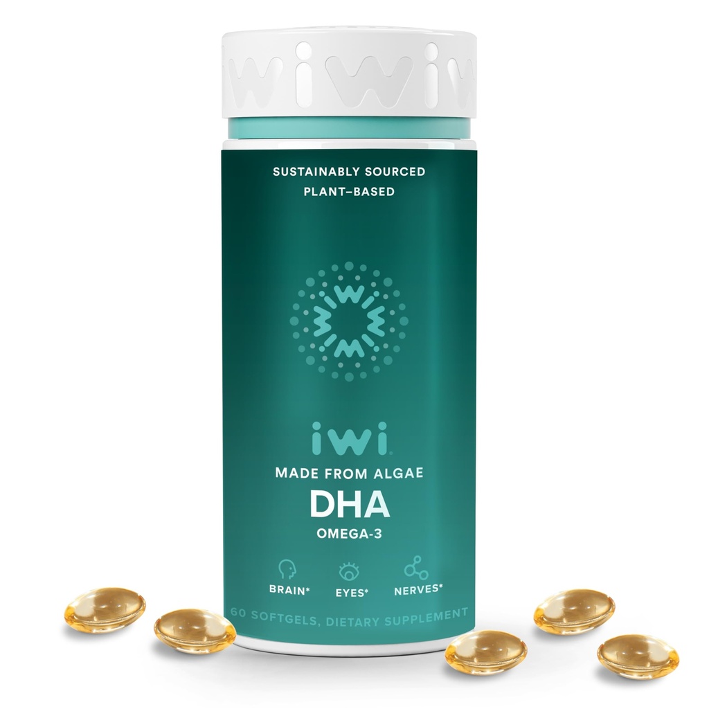 Iwi DHA Omega-3, 60 Softgels (30 Servering), Plant- baserede Alger Omega 3, Brain, Eyes & Nervesystemet Support Kosttilskud, Krill & Fish Oil Alternative, Ingen Fishy Aftersmage