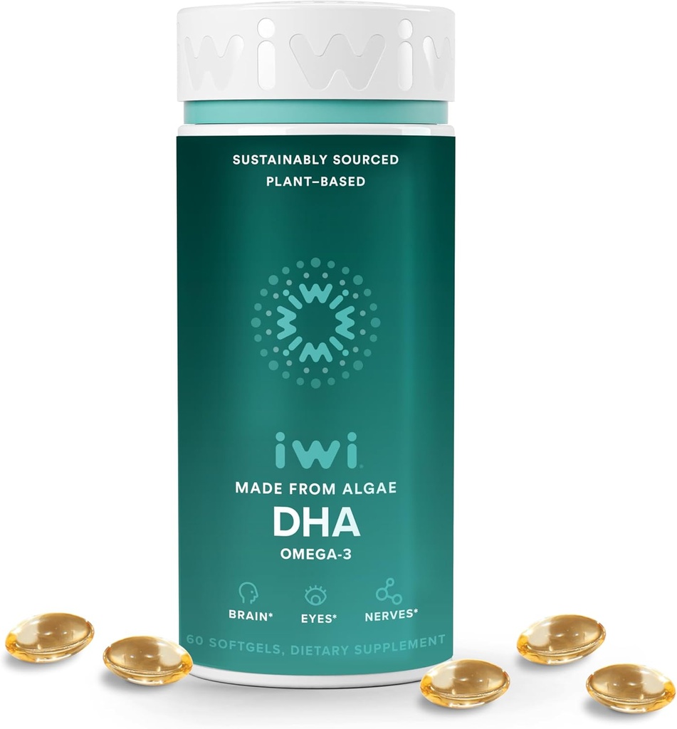 Iwi DHA Omega-3, 60 Softgels (30 Servings), Plant-Based Algae Omega 3, Brain, Eyes & Nervous System Support Dietary Supplement, Krill & Fish Oil Alternative, No Fishy Aftertaste
