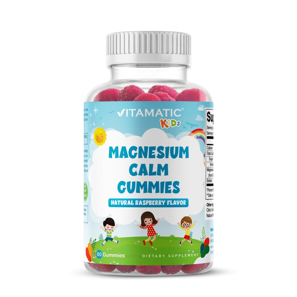 Vitamatic Kids Magnesium Calm Gummies - 60 Vegansk greve - Stor smag - Fremme sund, Muskel, Ben, & Energistøtte