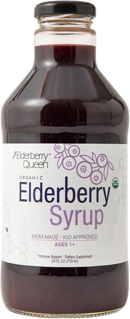 Elderberry Queen Organic Elderberry Syrup 24 Fl Oz - immunstøtte Formel med Sambucus Black Elderberry & Aronia Berry - Pure Natural Certified Organic Elderberry Syrup for børn og voksne