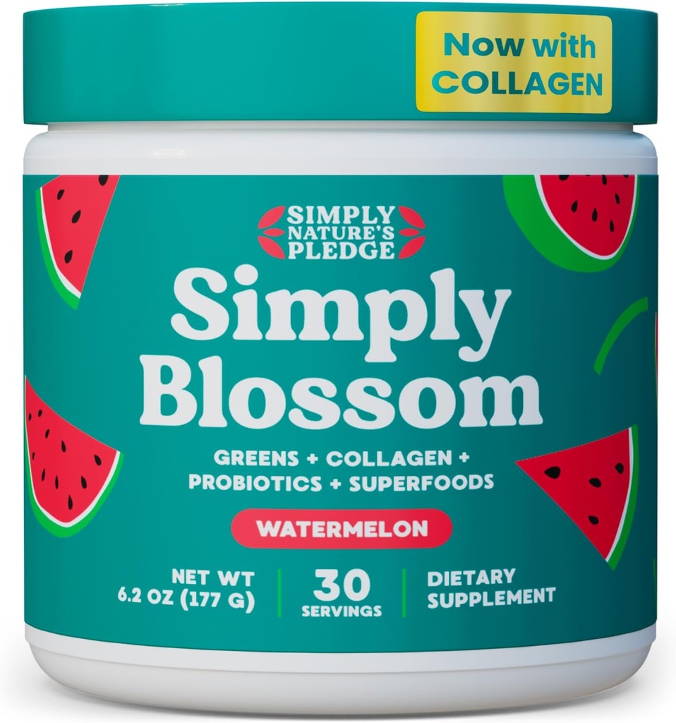 Simply Blossom Nutrition Daily Green & Superfood Powder + Collagen + Probiotika til kvinders fordøjelsesmæssige sundhed & Bloating Relief. Hjælp dit helbred Bloom - 30 dages forsyning - Watermelon