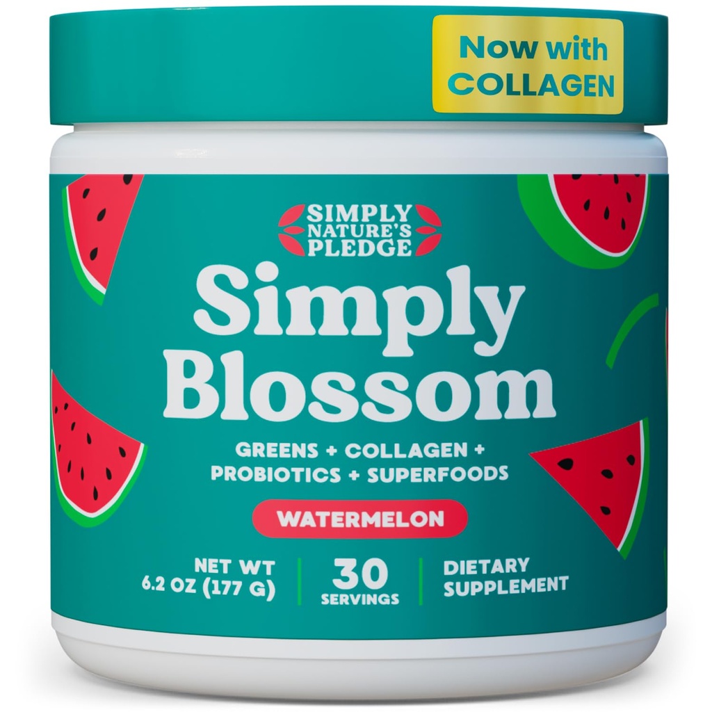 Simply Blossom Nutrition Daily Green & Superfood Powder + Collagen + Probiotika til kvinders fordøjelsesmæssige sundhed & Bloating Relief. Hjælp dit helbred Bloom - 30 dages forsyning - Watermelon