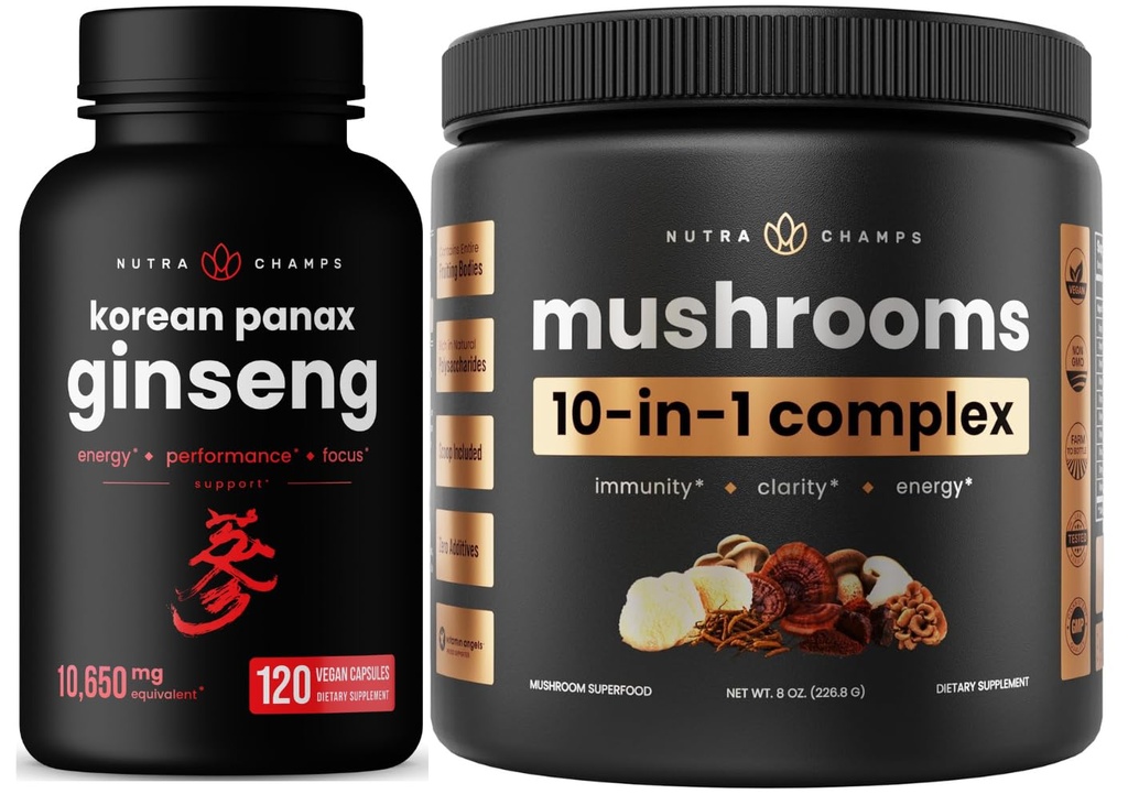 NutraChamps 10- 1- svampe pulver & Ginseng - Ultimate Energy, Stamina & Cognition Support Bundle.