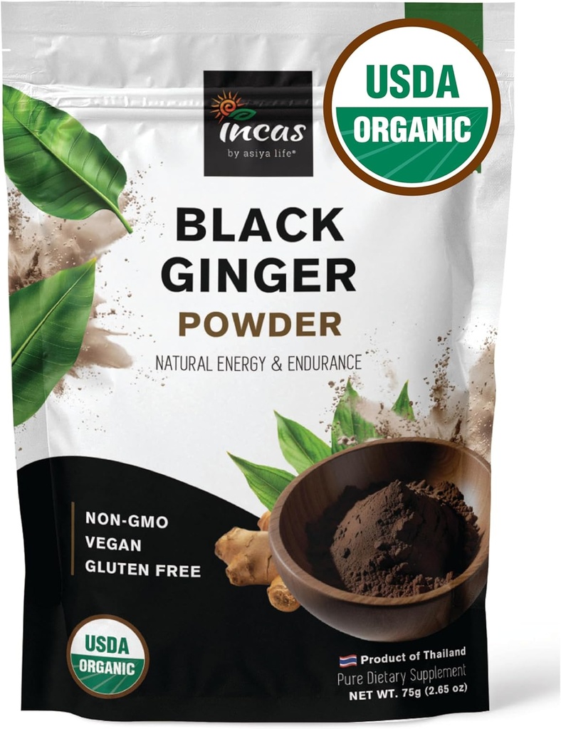 INCAS 100% USDA Organic Thai Black Ginger Powder For Men 2.65 Ounce From Thailand Non GMO Verified Herbal Supplement for Natural Energy & Endurance