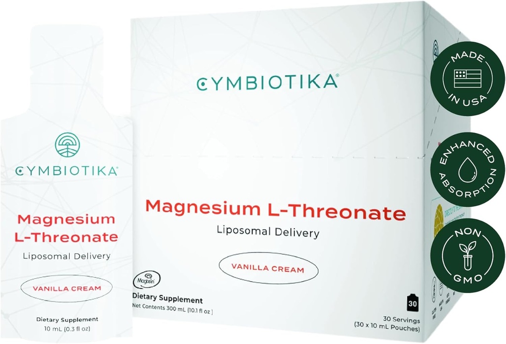 CYMBIOTIKA Liposomal Magnesium L- Threonate 1300 mg - High- Absorption Magnesium til hjernesundhed, hukommelse, Focus & Stress Support - fremmer mental kloritet og mood balance, Made in USA, 1 måned Supply