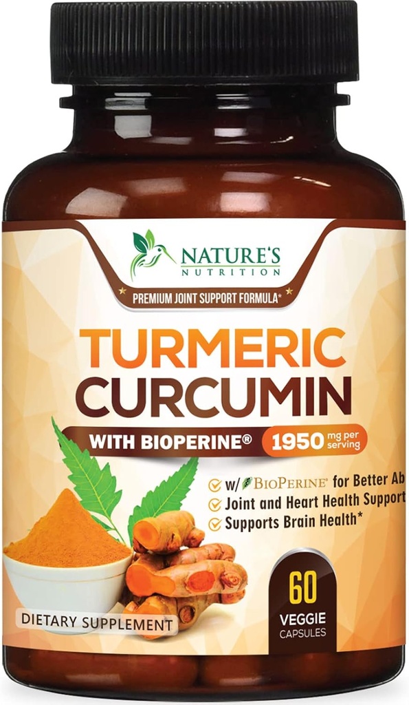 Gurkemeje Supplement 1950mg - 95% Curcuminoider med Økologisk gurkemeje & BioPerine Black Pepper Extract for Best Absorption, Nature 's Vegan Joint Support, Non- GMO, Flasket i USA - 60 Kapsler
