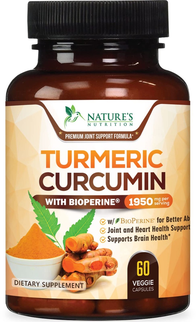 Gurkemeje Supplement 1950mg - 95% Curcuminoider med Økologisk gurkemeje & BioPerine Black Pepper Extract for Best Absorption, Nature 's Vegan Joint Support, Non- GMO, Flasket i USA - 60 Kapsler