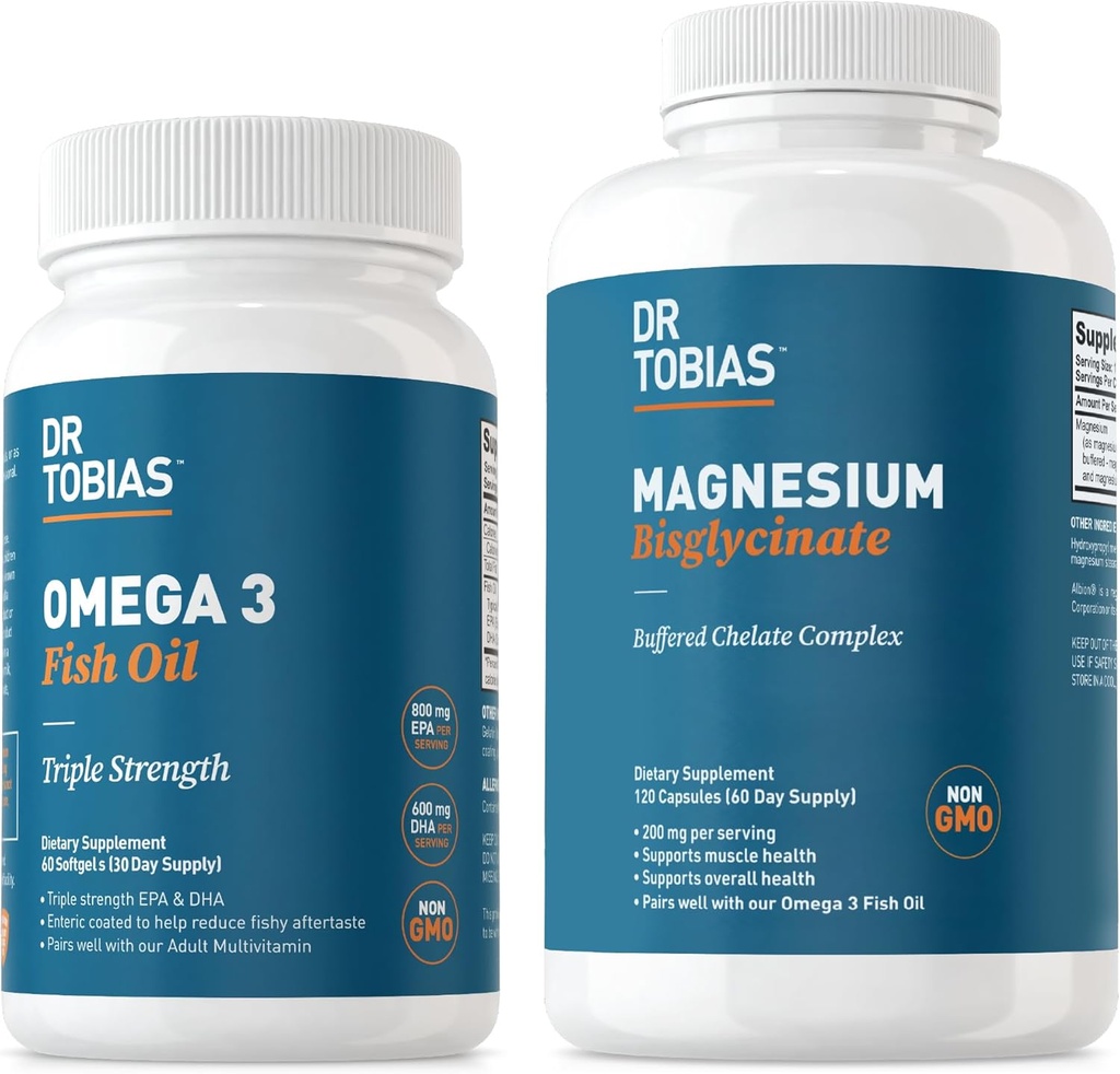 Dr. Tobias Omega 3 Fish Oil & Magnesium Bisglycinate Kosttilskud, Høj Absorption, understøtter hjerte, hjerne, immunforsvar, energi, muskel, ben & fælles sundhed, non-GMO