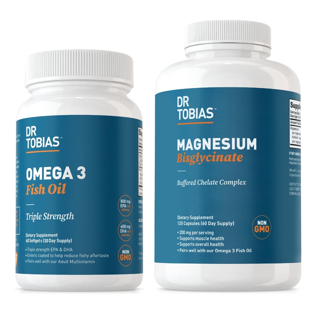 Dr. Tobias Omega 3 Fish Oil & Magnesium Bisglycinate Kosttilskud, Høj Absorption, understøtter hjerte, hjerne, immunforsvar, energi, muskel, ben & fælles sundhed, non-GMO