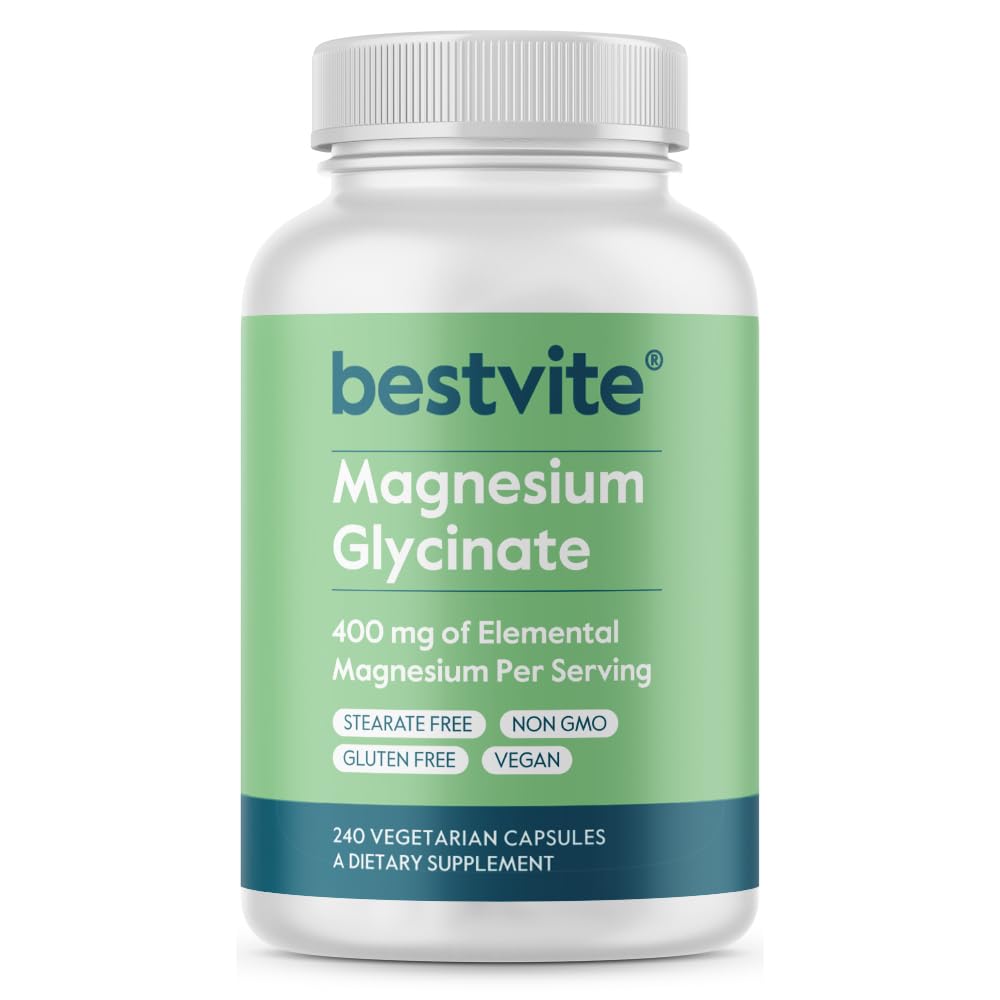 BESTVITE Filler- Free Magnesium Glycinate - 400mg Magnesium per servering (240 Veg Caps) - Chelated Bisglycinate for Muscle, Afslapning, Stress & Sleep Support * - For mænd og kvinder - Ingen Stearates - Vegan