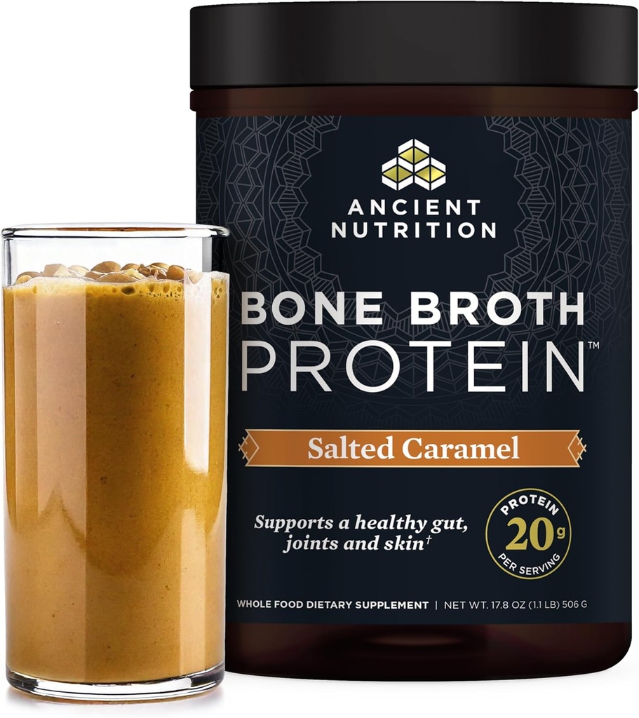 Ancient Nutrition Bone Broth Protein Powder, Saltet Caramel, 19g Protein per servering, Oksekød, Understøtter sund hud, Gut Sundhed, Fælles tillæg, Gluten fri, Paleo og Keto Friendly, 20 Servere
