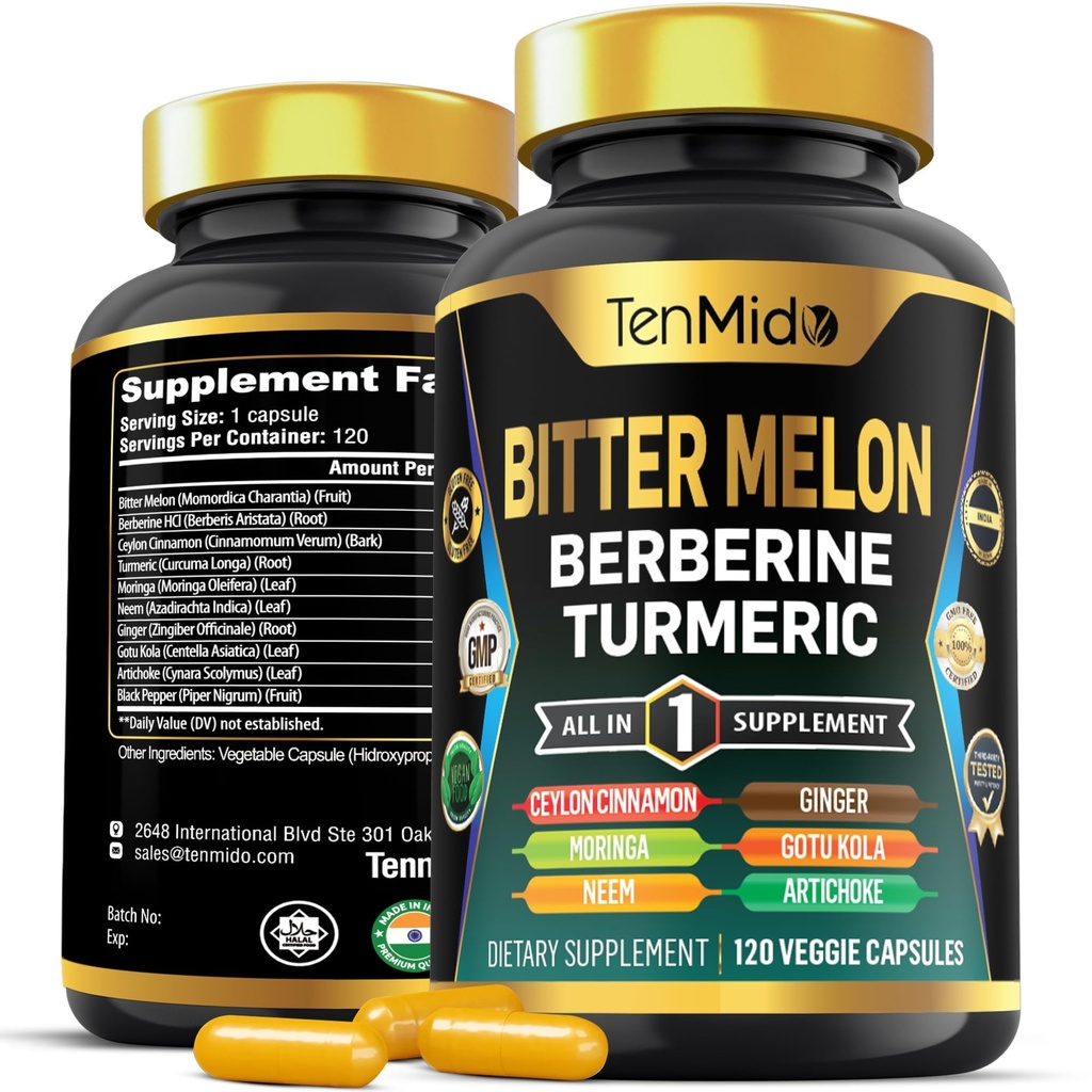 Bitter melon kapsler - 10in1 Formel - Kombiner med berberine, Ceylon kanel, gurkemeje, Moringa, Neem, Ginger, Gotu Kola, Artiskoke, og sort peber - 120 Kapsler til 4 Måneders forsyning
