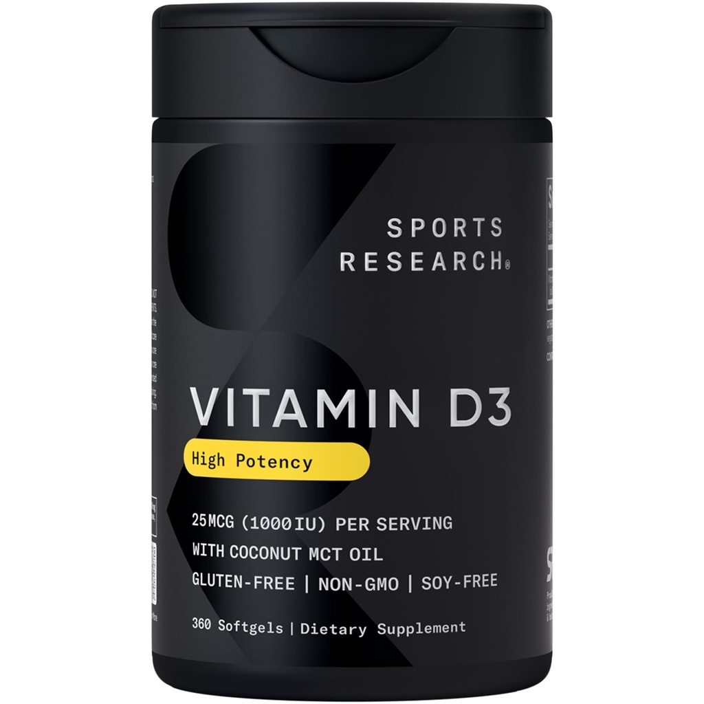 Sports Research Vitamin D3 1000iu (25mcg) Infunderes med kokosolie ~ Immuno & Bone Support ~ Non- GMO Verified, Soy & Gluten Free (360 Mini Liquid Softgels)