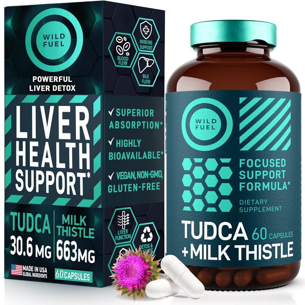 TUDCA og Milk Thistle Supplement - Bile Salte Supplement med Silymarin Milk Thistle Extract Lever Rense, Galdeblære, Nyre, Gut Sundhed - Ursololie syre Tudca Bile Salt Lever Sundhed - 60 kapsler