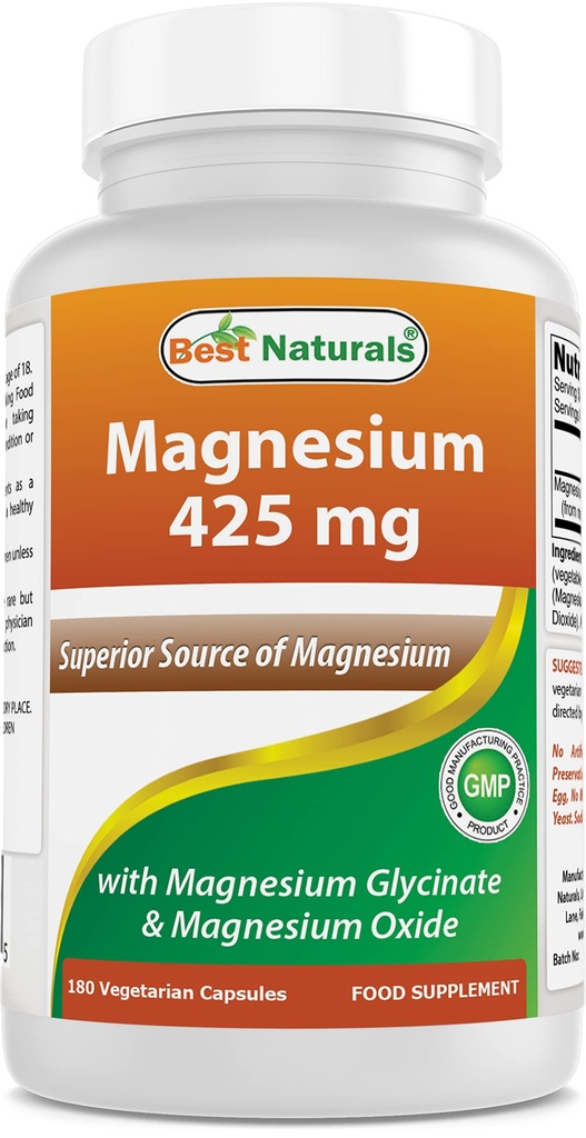 Bedste Naturals Magnesium 425 mg 180 Veggie Kapsler - Høj Absorption Magnesium Glycinat & Magnesium Oxide Chelated, Non- GMO, Gluten Free Muscle Relax (180 greve (pakning med 1))