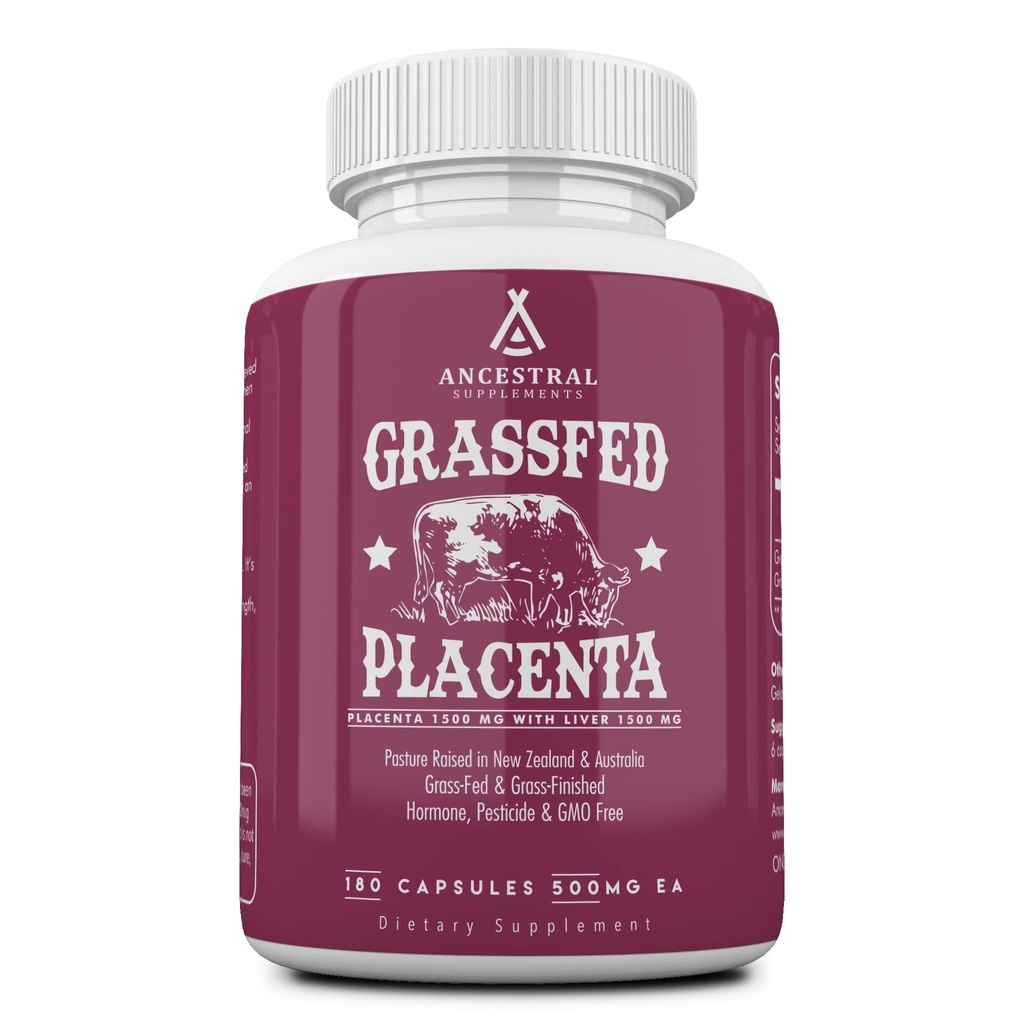 Ancestral kosttilskud Græs Fed Placenta tillæg med lever, Indeholder postpartum vitaminer til kvinder Amning, fremmer overgangsalderen Relief, Stem celler støtte hud elasticitet, 180 kapsler