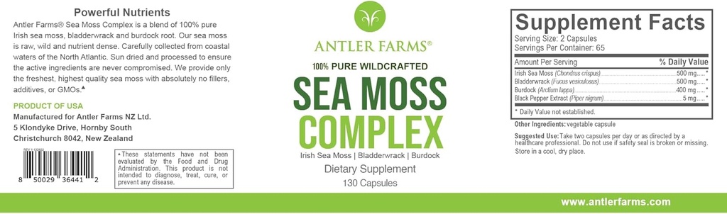 Antler Farms - 100% Pure Sea Moss Complex, 130 Kapsler, Wildcrafted Irish Sea Moss, Bladderwrack, og Burdock Root - En potent blend for wellness, Vegan- Friendly, Gluten, Soy, og Dairy Free