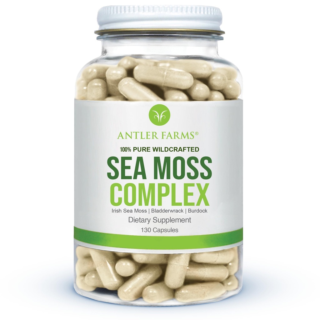 Antler Farms - 100% Pure Sea Moss Complex, 130 Kapsler, Wildcrafted Irish Sea Moss, Bladderwrack, og Burdock Root - En potent blend for wellness, Vegan- Friendly, Gluten, Soy, og Dairy Free