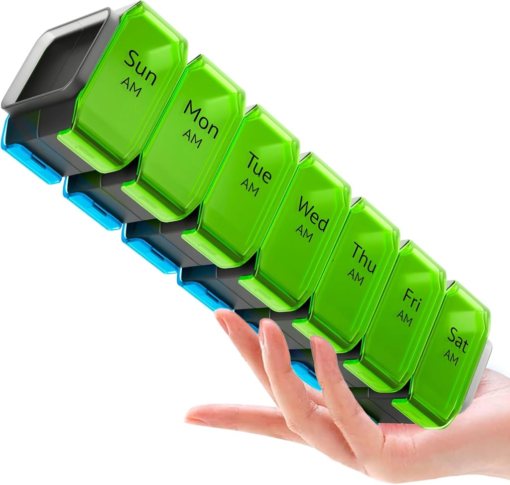 Ekstra Stor Pill Organizer 2 gange om dagen - XL Pill Box 7 Dag med Big AM / PM Compartments - Fits Large Vitaminer, Kosttilskud & Gummies, for 7 eller 14-dages brug, Color- Coded, senior- Friendly, Ingen spild