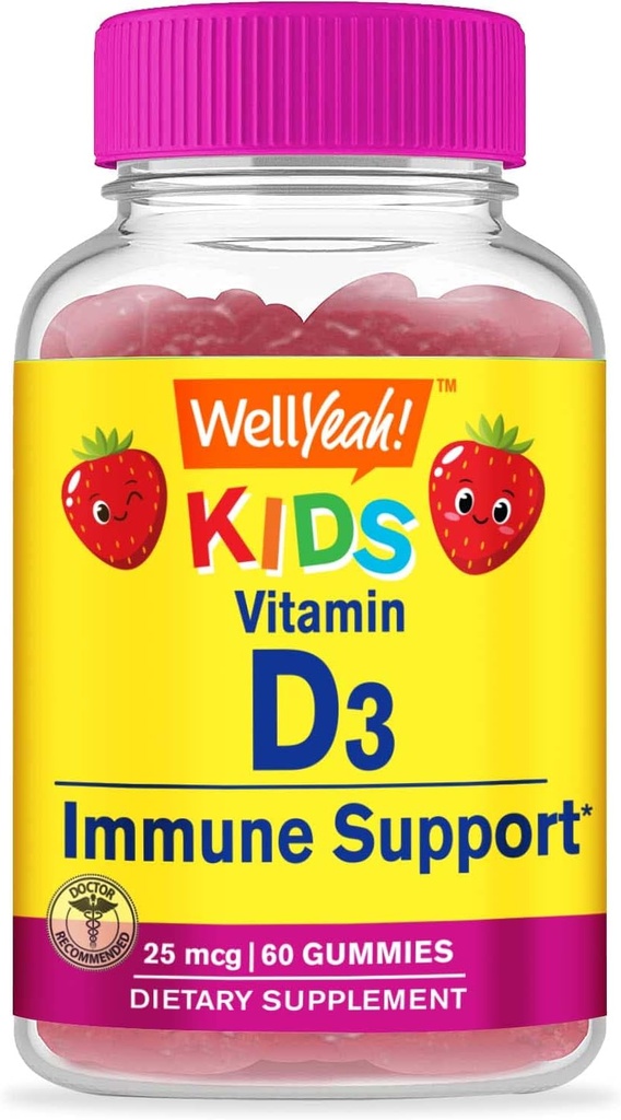 WellYe Kids Vitamin D3 Gummies - 1000 IE (25 mcg) - Understøtter Bone Styrke og Immunitet - Non-GMO, Gluten- Free - Strawberry Flavor - Nutritional Supplement - 60 Servering