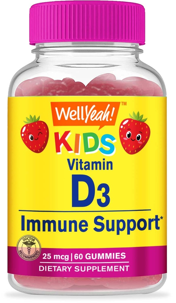 WellYe Kids Vitamin D3 Gummies - 1000 IE (25 mcg) - Understøtter Bone Styrke og Immunitet - Non-GMO, Gluten- Free - Strawberry Flavor - Nutritional Supplement - 60 Servering
